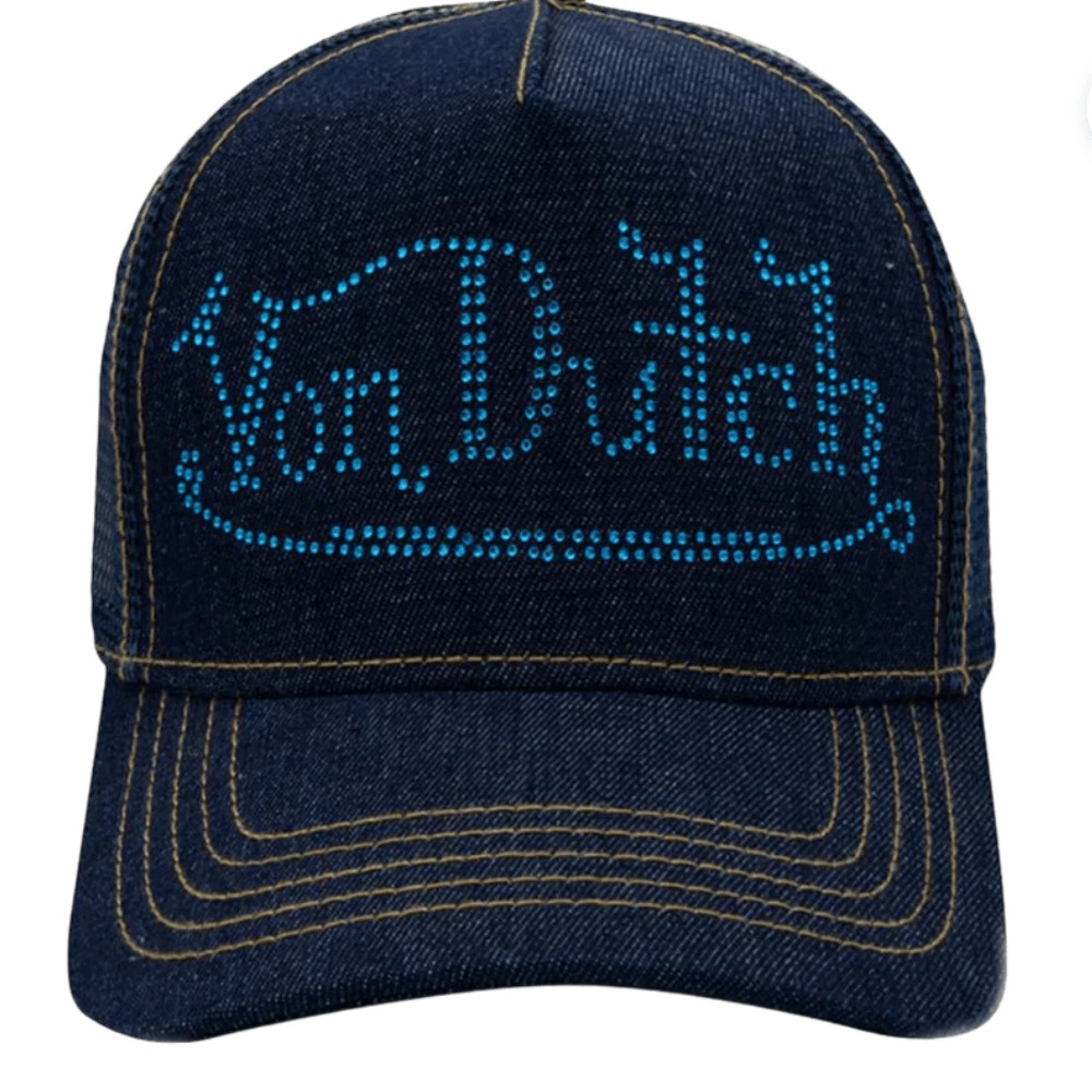 Von Dutch ラインストーン デニム メッシュ キャップ NWT Von Dutch Denim Trucker Hat Blue Stone Bling Mesh Snap