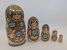 Russian 5-PIece Woodburned Floral Matryoshka Nesting Doll Set