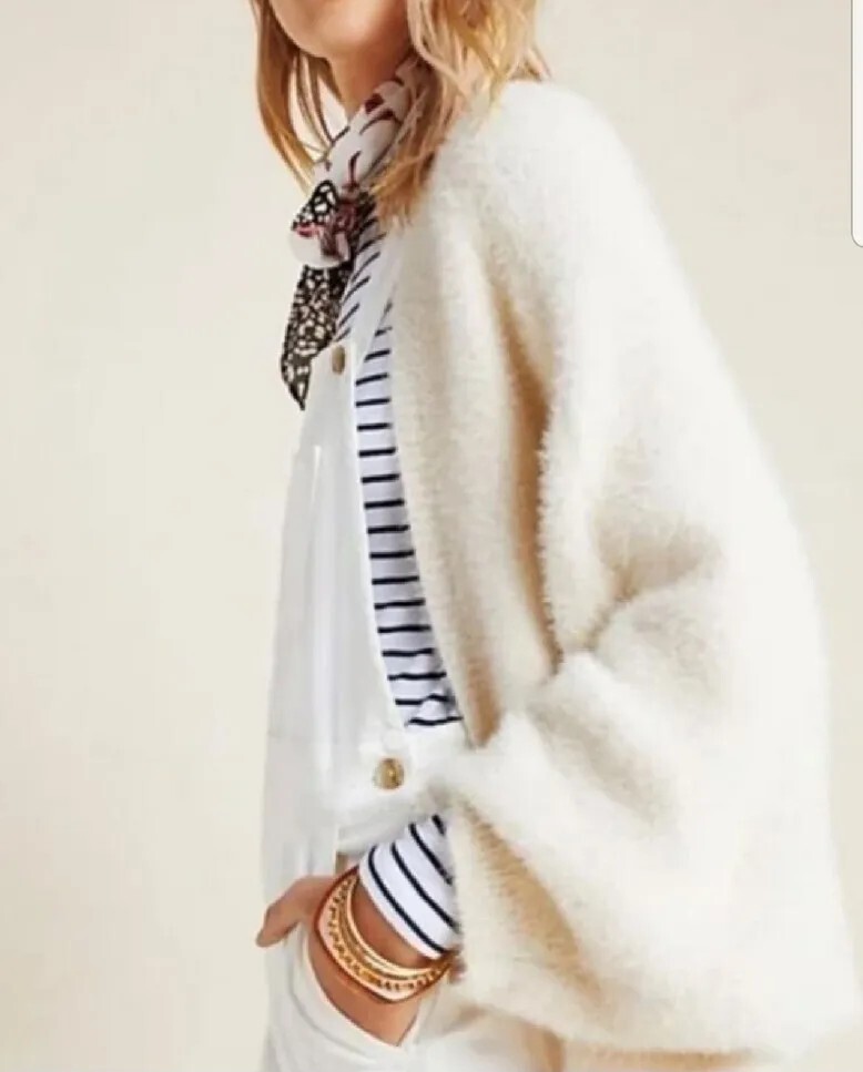 Sleeping on Snow Anthropologie Minna Eyelash Fuzzy Soft White Cardigan O/S  | eBay