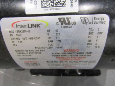 YSK®︎ InterLink Lennox 103204-09 Blower Motor YSDK2200-4J 3HP 575 VAC