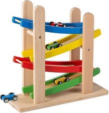 Rampa de madera para coche de 4 niveles pista de carreras - Incluye 4 coches de juguete de madera