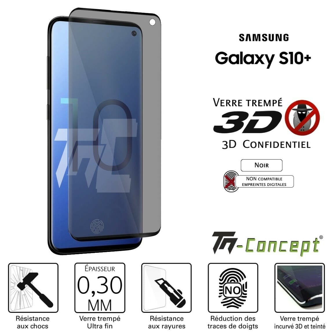 Verre trempé 3D incurvé Galaxy S10 Plus filtre anti-espion antichoc