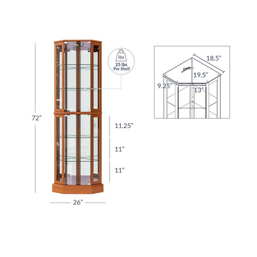 Light Brown Vertical Lighted Corner Curio Cabinet Home Living Accent Furniture - Picture 4 of 4