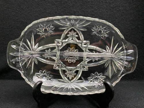Vintage Anchor Hocking Star of David Clear Glass Divided Relish Dish Tab Handled