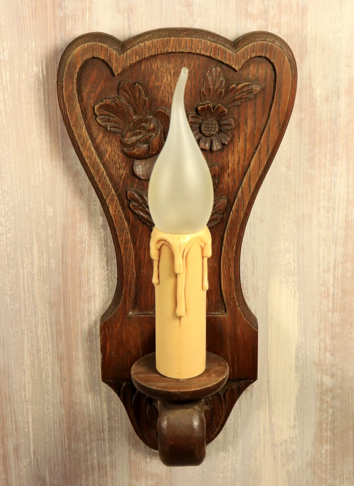 Aplique de pared francés antiguo par de lámparas de madera de roble talladas a mano flores c1950 Foto 4 de 4
