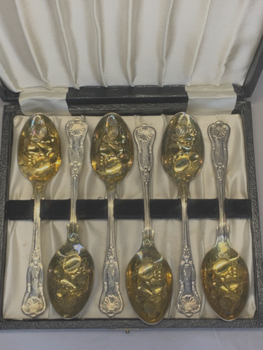 Juego de 6 cucharas de fiesta vintage Sheffield Inglaterra en elegante estuche - Imagen 2 de 14