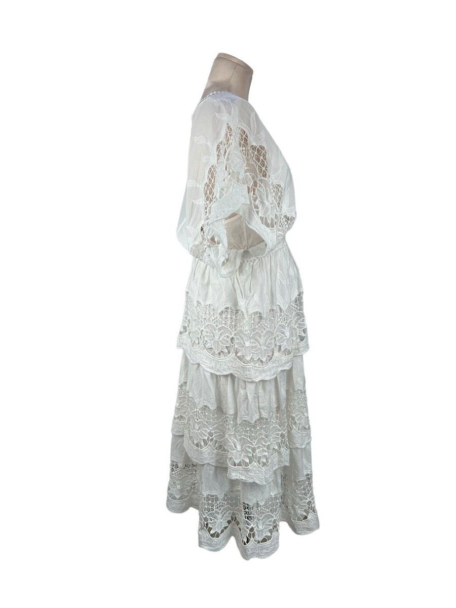 NWT Farm Rio Off-White Richelieu Lace Tiered Midi Dress Size M | eBay