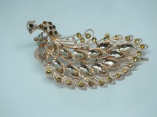 Beautiful Hair Jewelry Clip Peacock Rhinestones Coppery Gold Tone 4 1/2 x 2 1/2"