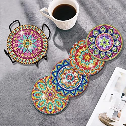 6 Pack Diamond Painting Coasters Kit with Holder DIY Mandala Theme Diamond  Art Coasters Painting Kits 5D Diamond Dot Coasters Kits DIY Acrylic