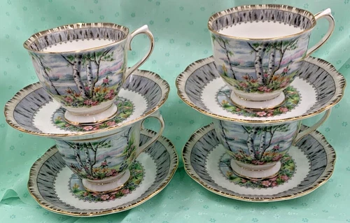 4 Cup & Saucer Sets Royal Albert England Bone China "Silver Birch" Pattern