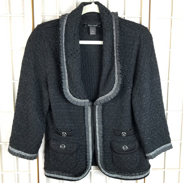 White House Black Market WHBM Knit Blazer Size L Pleated Ruffle Trim 3/