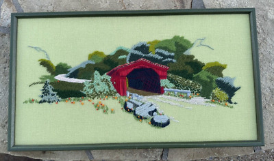 VTG Crewel Needlework Embroidery Covered Bridge Scene Framed Art Finished 23x13
