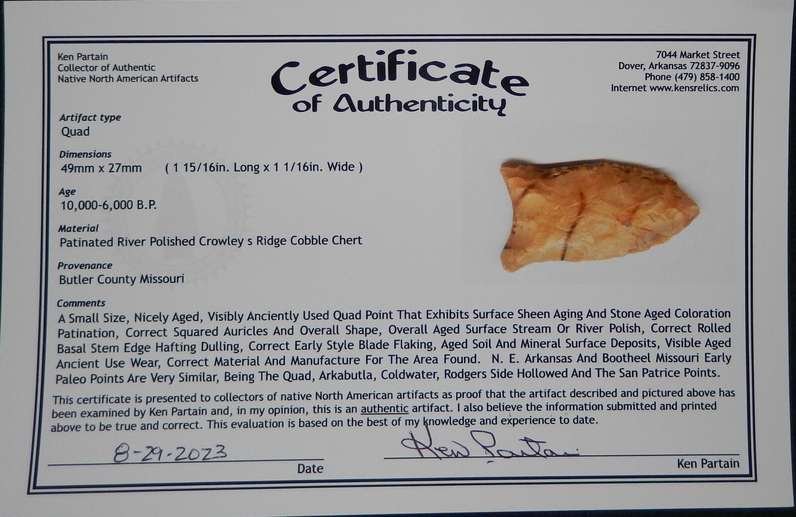 NICE OLD PALEO QUAD point with KEN PARTAIN COA Butler County, Missouri