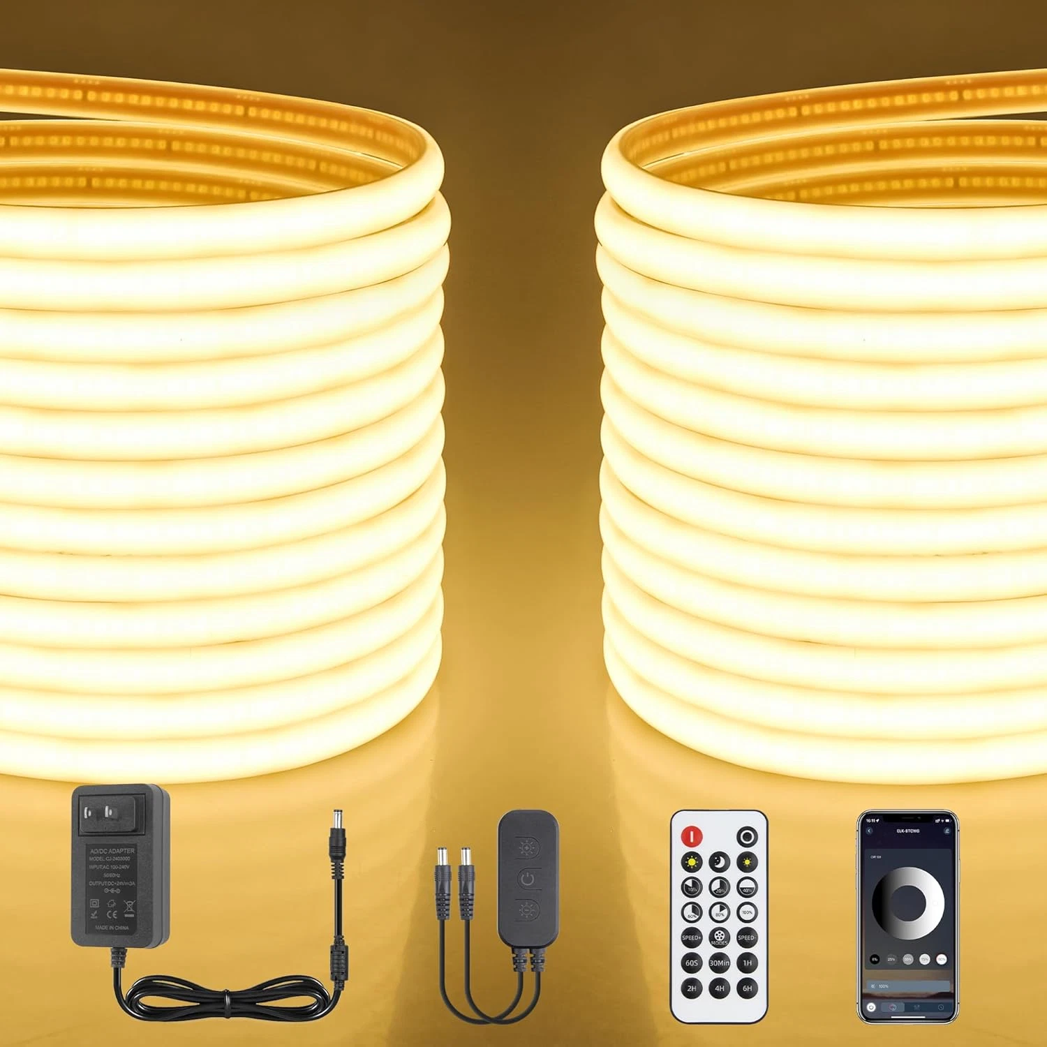 Dimmable 24V COB LED Strip Lights 65.6FT Waterproof for Indoor & Outdoor Use