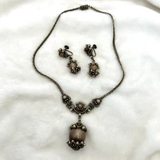 Vintage Victorian Revival Stones Faux Pearl Gold Tone Necklace Pendant Earrings