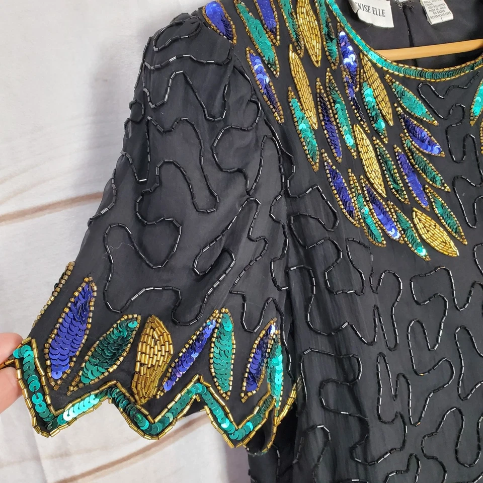 Blusa de noche grande vintage años 80 Denise Elle seda con cuentas lentejuelas pavo real negra Foto 2 de 4