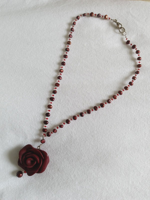 Handmade Red Rose Pendant Beaded Necklace Burgundy Romantic Gothic Boho 16''