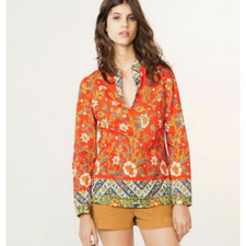 Tory Burch Stephanie Tunic Samba Batik Boho Top Blouse Red Blue Slits Cotton 8