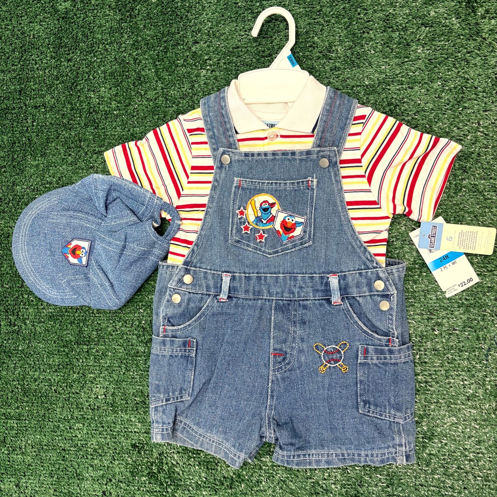 Vintage Y2K Sesame Street Overalls & Polo Shirt Set with Hat 24 Months Multi 