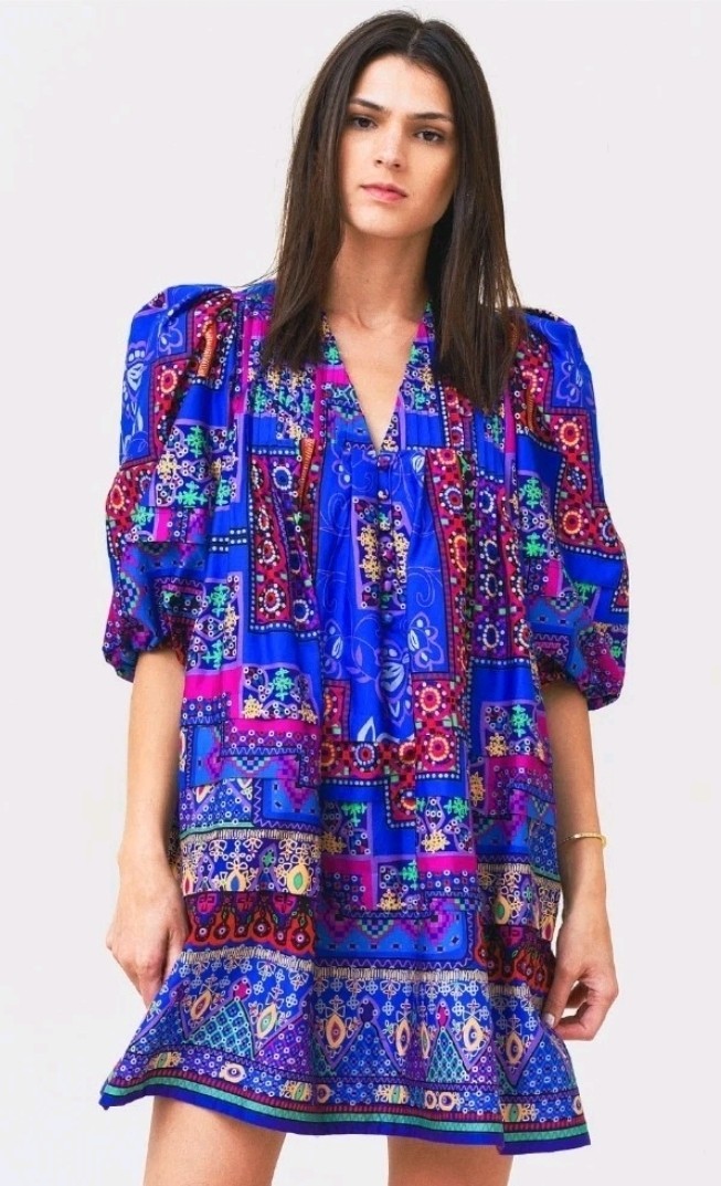 Hunter Bell Jenkins Dress  Puff Sleeve Midi patterned size M NWOT