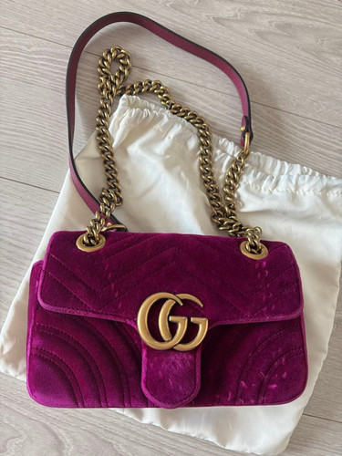 Gucci GG Marmont Purple Velvet Chain Shoulder Bag Heart Back Antique Hardware GC