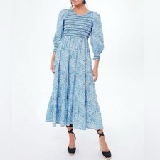 Tuckernuck Pink City Prints Ornate Sky Blue Floral Smocked Midi Dress Small