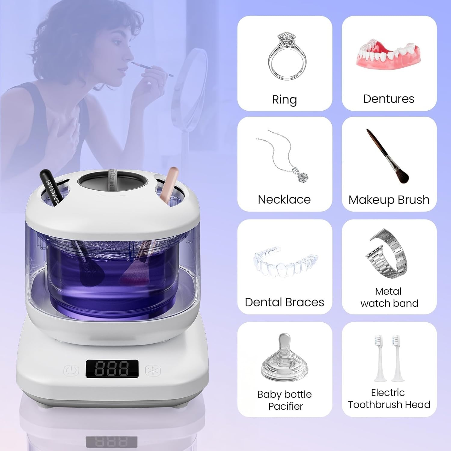 Ultrasonic Jewelry Cleaner Machine with U-V Light, Detachable Retainer Cleaner