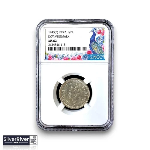 1943(B) India British Silver 1/2 Rupee (*Certified MS62 by NGC*) - Dot Mintmark