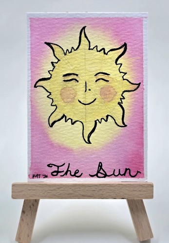 Original Watercolor ACEO — The Sun Celestial Face Smiling Whimsical Pink Ary Art