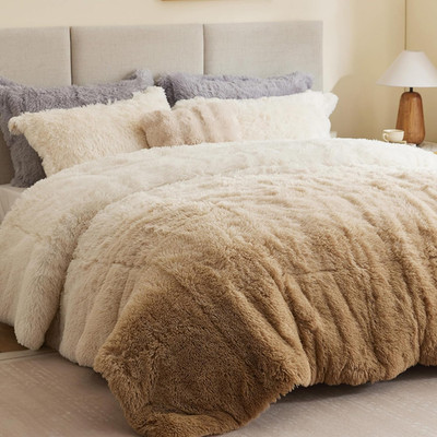 Long Shaggy Faux Fur Comforter Set, Soft Plush Reverse, Chic Ombre Design Queen