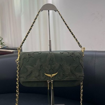 Zadig Voltaire Olive Green Suede Western Wing Gold Chain Baguette Bag