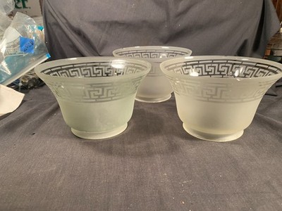 Victorian Greek Key pattern set of 3 glass Gas-Electric lamp shades 4'' base