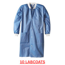 Disposable Lab Coat Blue w/ Pockets Adult Knitted Collar  Cuffs - XL - 10 PACK