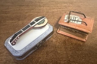 Lot of 2 Limoges France Porcelain Hinged Trinket Boxes Instrument & Book