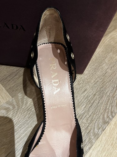 De colección Súper Raro 2000 Prada Negro Gamuza Tachonado Gatito Tacón Mules Talla 39 - Imagen 3 de 22