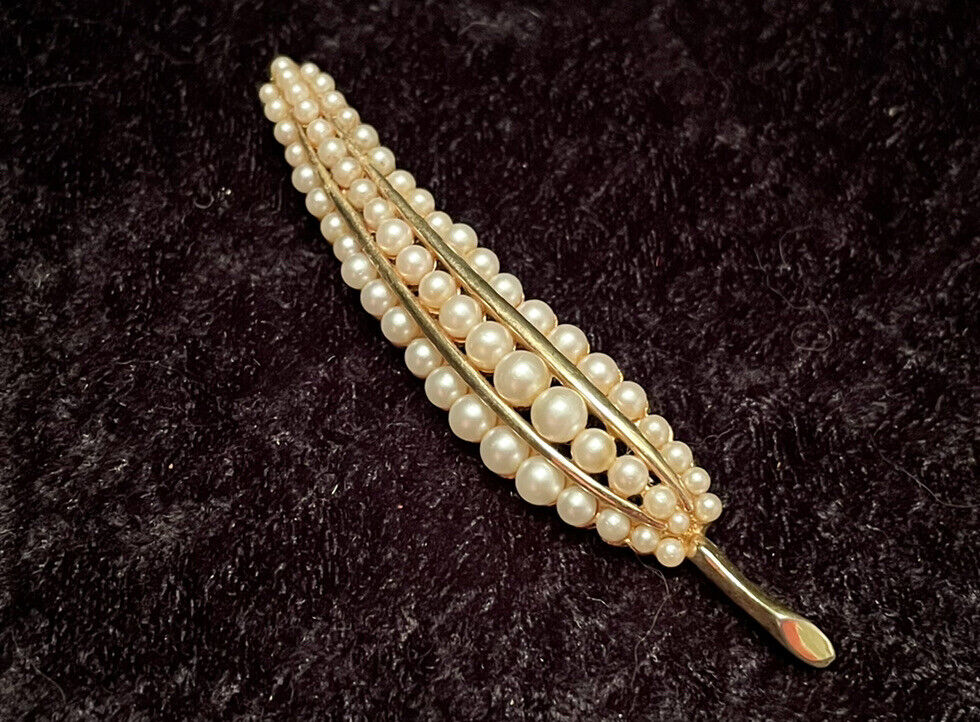 VTG Signed COROCRAFT Coro Brooch Faux Pearl Gold … - image 3