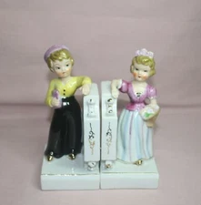 VTG.  MCM YOUNG WOMEN FIGURES BOOKENDS DUTCH PINK YELLOW E.S.D.  PORCELIAN JAPAN