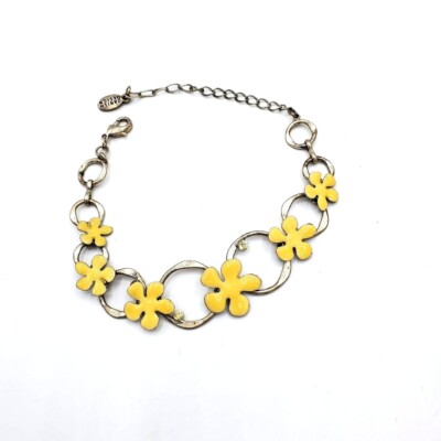 Pilgrim Signed Danish Yellow Enamel Swarovski Crystal Floral Boho Art Bracelet