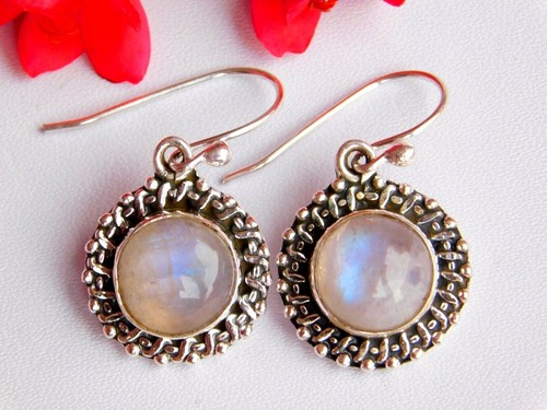 925 Pure Silver Natural Cabochon Rainbow Moonstone Dangle Earrings 1.25" New Art - Bild 5 von 5