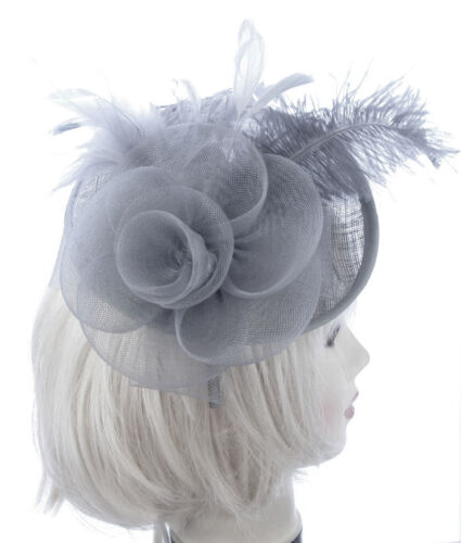 large Silver Grey Hat with headband, Weddings, Races, Ladies Day - Afbeelding 1 van 5