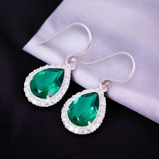 Green Emerald Gemstone Drop/Dangle Earrings 925 Sterling Silver Jewelry