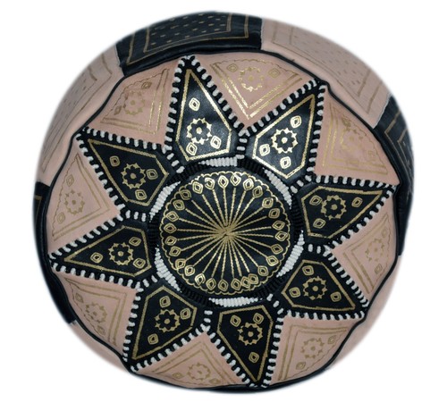 Pouf Moroccan Hassock Pooff Leather Pouff Ottoman Footstool MED Beige Black - Picture 2 of 4