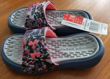 NEW Under Armour Girls 11K Playmaker Chroma Slides PINK Gray Mod Blue #45121