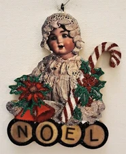 ANTIQUE BABY DOLL, CANDY CANE, NOEL  Glittered WOOD CHRISTMAS ORNAMENT * Vtg Img