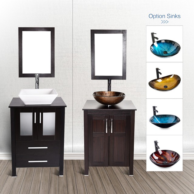 24 Bathroom Vanity Floor Cabinet Single Wood Top Vessel Sink Faucet Mirror Set