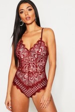 BOOHOO WINE PETITE EYELASH LACE BODYSUIT SIZE 10 20