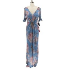 01515 NEW Adrianna Papell  Floral Ruffle Sleeves Maxi Dress Blue Pink Size 6