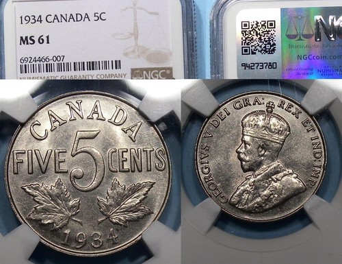 1934 CANADA 5 CENTS NGC MS 61 CANADA AUCTION COMP $162 #VAM-42