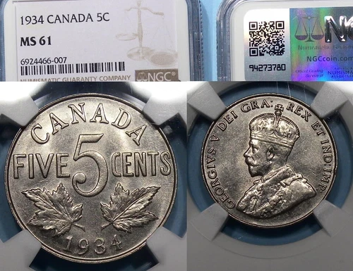 1934 CANADA 5 CENTS NGC MS 61 CANADA AUCTION COMP $162 #VAM-42