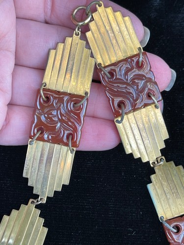 Art Deco antique Molded Czech glass gilt Brass necklace antique jewelry - Picture 3 of 24